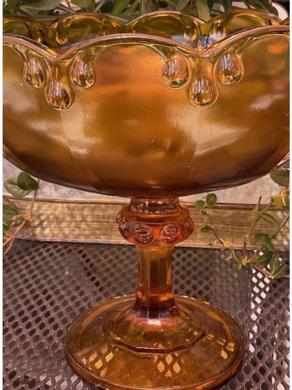 Vintage Amber Pressed Glass Footed Compote Bowl Scalloped Rim Centerpiece Dish